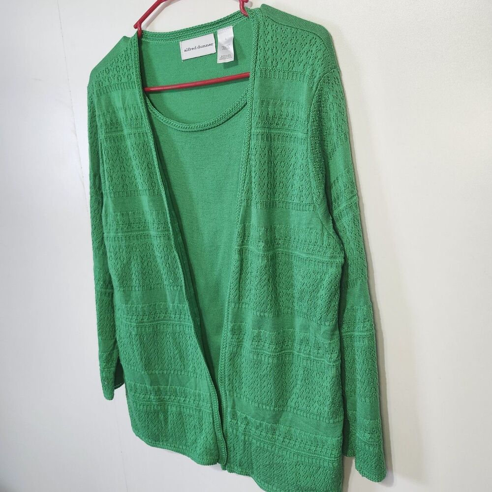 Alfred Dunner Green Open Front Cardigan w Attached Shell Textured Knit Women L - Picture 2 of 10